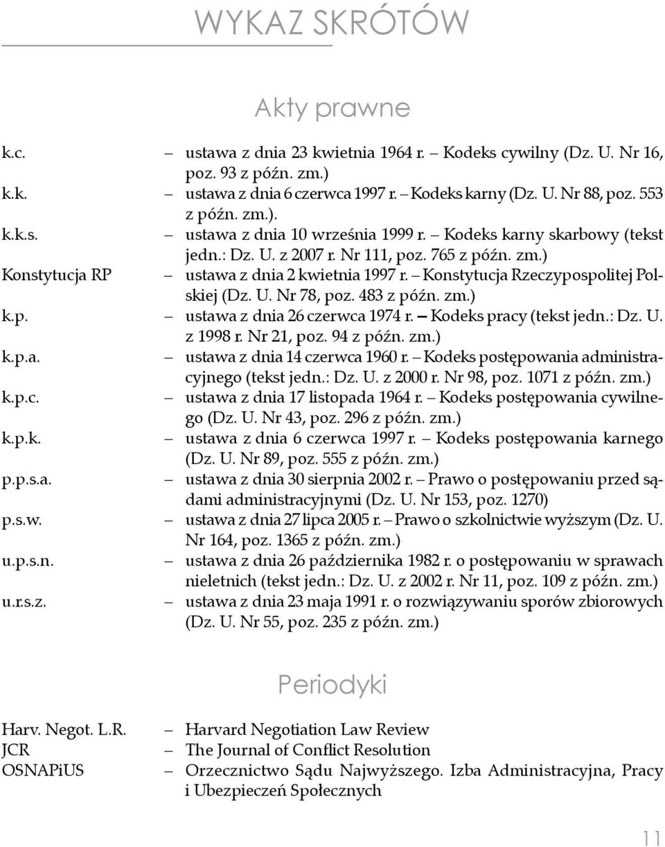 Konstytucja Rzeczypospolitej Polskiej (Dz. U. Nr 78, poz. 483 z późn. zm.) k.p. ustawa z dnia 26 czerwca 1974 r. Kodeks pracy (tekst jedn.: Dz. U. z 1998 r. Nr 21, poz. 94 z późn. zm.) k.p.a. ustawa z dnia 14 czerwca 1960 r.