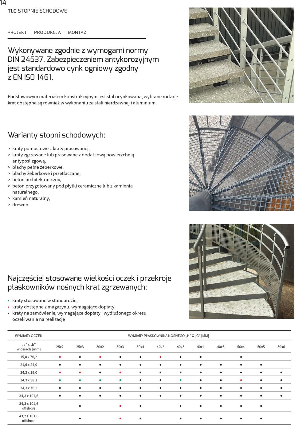 Warianty stopni schodowych: > kraty pomostowe z kraty prasowanej, > kraty zgrzewane lub prasowane z dodatkową powierzchnią antypoślizgową, > blachy pełne żeberkowe, > blachy żeberkowe i przetłaczane,