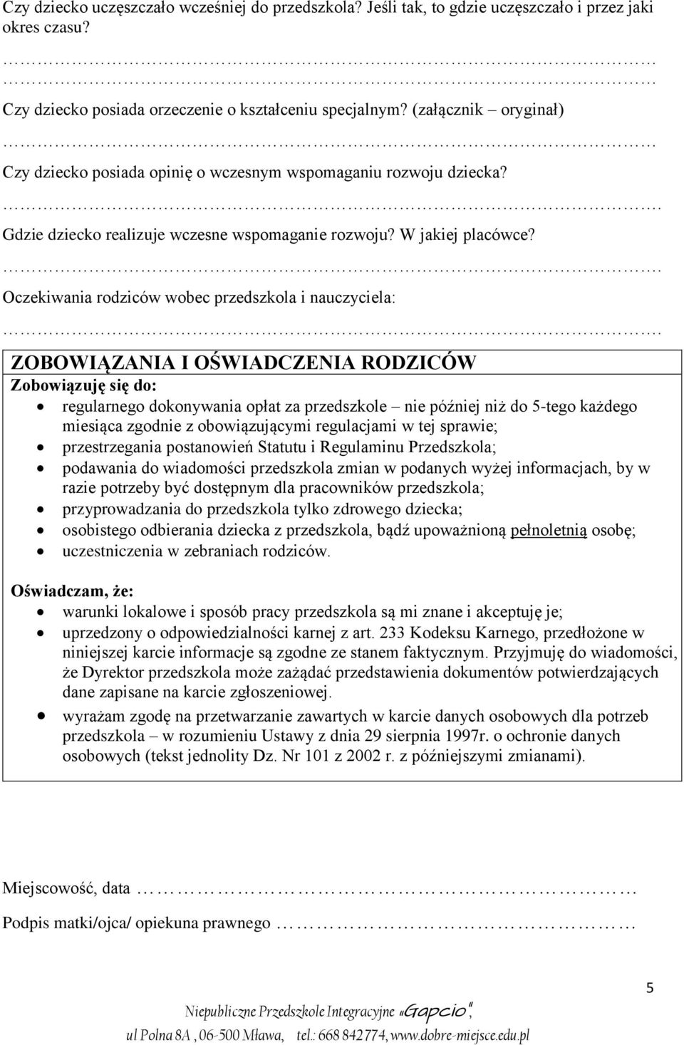 . Oczekiwania rodziców wobec przedszkola i nauczyciela:.