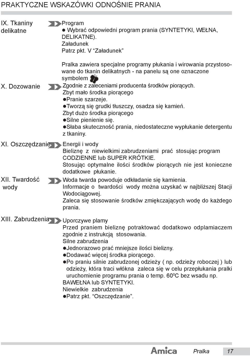 Dozowanie Zgodnie z zaleceniami producenta środków pio rą cych. Zbyt mało środka piorącego Pranie szarzeje. Tworzą się grudki tłuszczy, osadza się kamień.