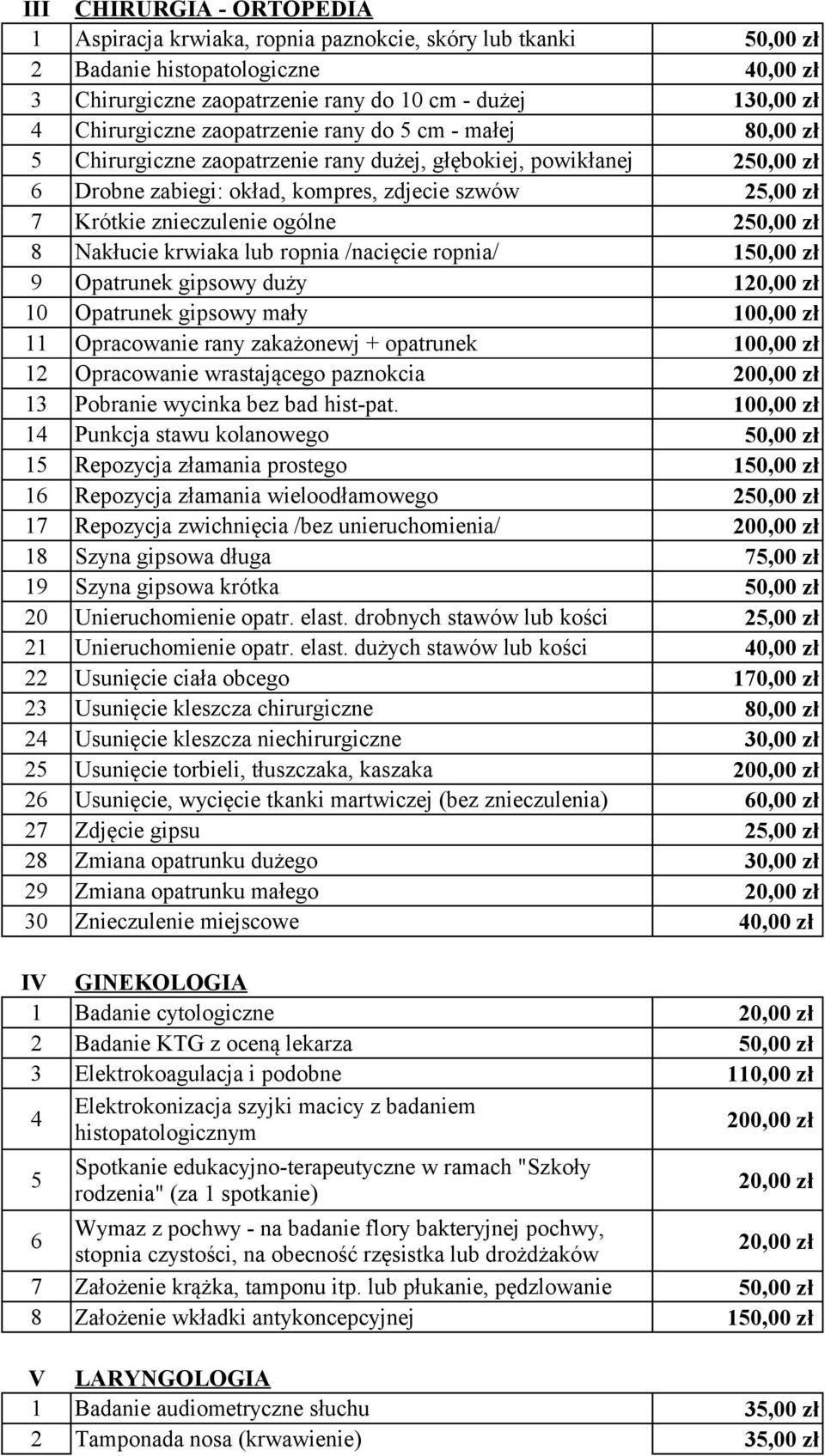 znieczulenie ogólne 250,00 zł 8 Nakłucie krwiaka lub ropnia /nacięcie ropnia/ 150,00 zł 9 Opatrunek gipsowy duży 120,00 zł 10 Opatrunek gipsowy mały 100,00 zł 11 Opracowanie rany zakażonewj +