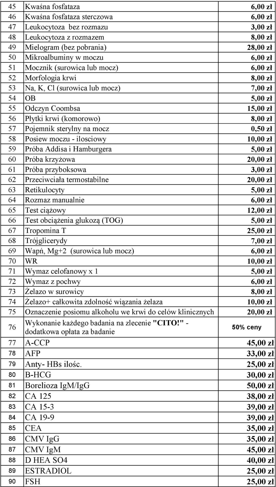 Pojemnik sterylny na mocz 0,50 zł 58 Posiew moczu - ilosciowy 10,00 zł 59 Próba Addisa i Hamburgera 5,00 zł 60 Próba krzyżowa 20,00 zł 61 Próba przyboksowa 3,00 zł 62 Przeciwciała termostabilne 20,00