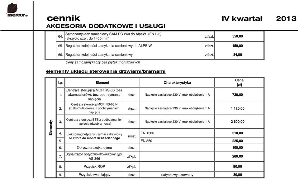 akumulatorów), bez podtrzymania napięcia Centrala sterująca MCR RS-06 N 2.