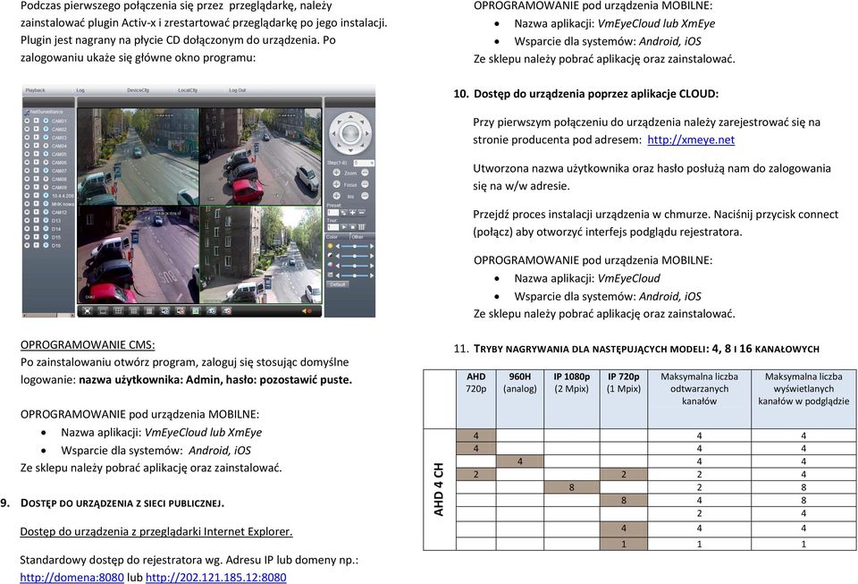 Po zalogowaniu ukaże się główne okno programu: Nazwa aplikacji: VmEyeCloud lub XmEye OPROGRAMOWANIE CMS: Po zainstalowaniu otwórz program, zaloguj się stosując domyślne logowanie: nazwa użytkownika: