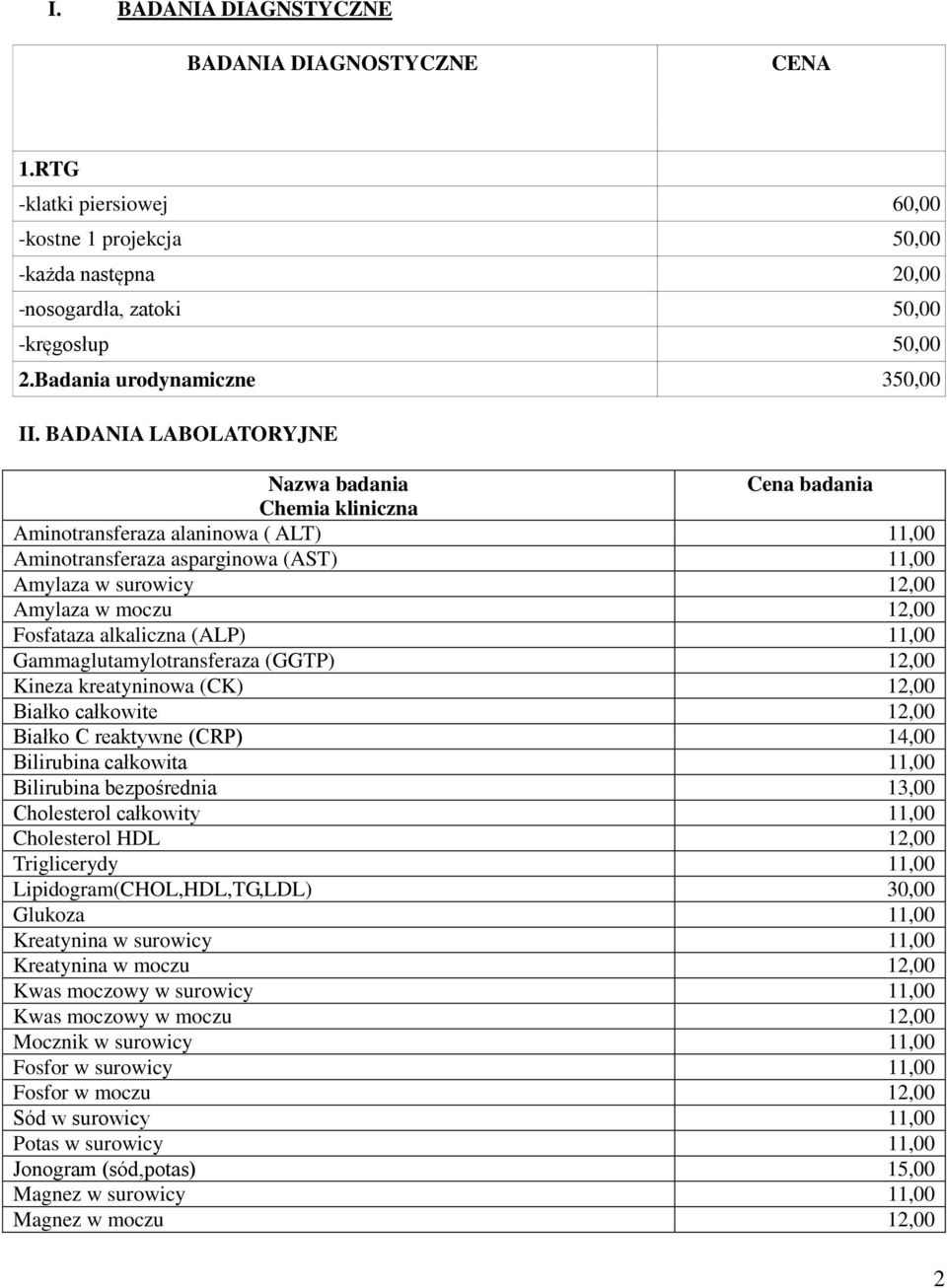 BADANIA LABOLATORYJNE Cena badania Chemia kliniczna Aminotransferaza alaninowa ( ALT) 11,00 Aminotransferaza asparginowa (AST) 11,00 Amylaza w surowicy 12,00 Amylaza w moczu 12,00 Fosfataza