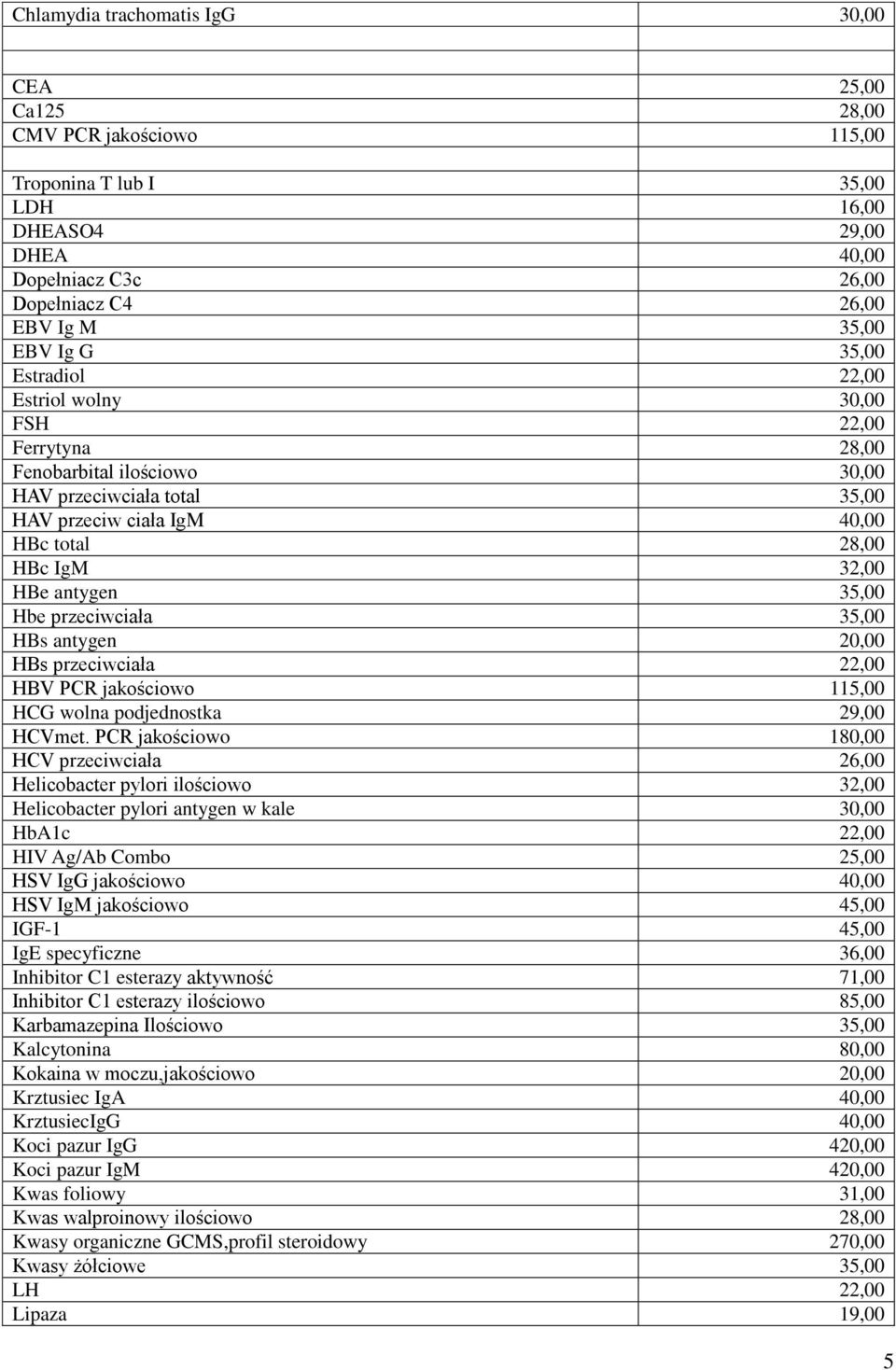 antygen 35,00 Hbe przeciwciała 35,00 HBs antygen 20,00 HBs przeciwciała 22,00 HBV PCR jakościowo 115,00 HCG wolna podjednostka 29,00 HCVmet.