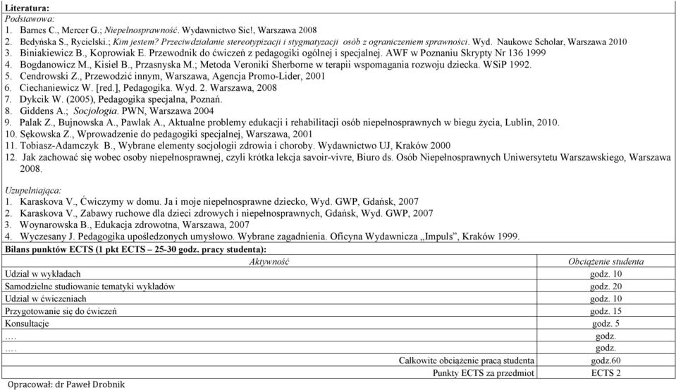 Przewodnik do ćwiczeń z pedagogiki ogólnej i specjalnej. AWF w Poznaniu Skrypty Nr 136 1999 4. Bogdanowicz M., Kisiel B., Przasnyska M.