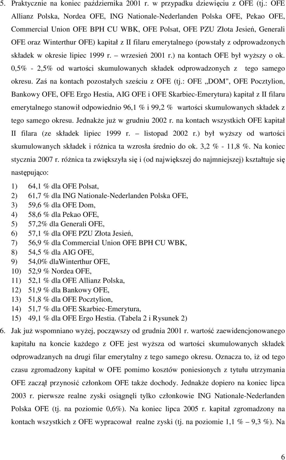 filaru emerytalnego (powstały z odprowadzonych składek w okresie lipiec 1999 r. wrzesień 1 r.) na kontach OFE był wyŝszy o ok.