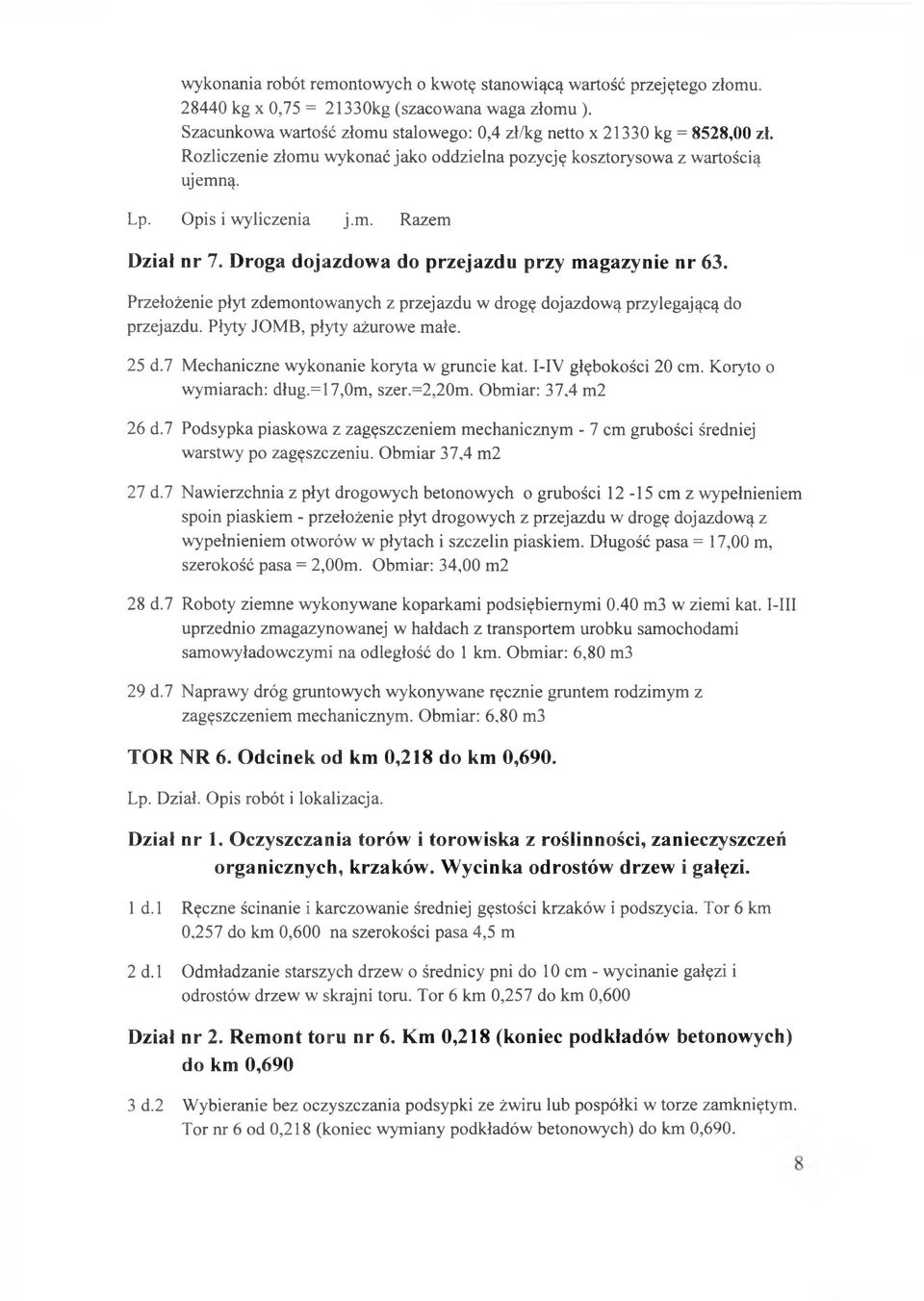Przełożenie płyt zdemontowanych z przejazdu w drogę dojazdową przylegającą do przejazdu. Płyty JOMB, płyty ażurowe małe. 25 d.7 Mechaniczne wykonanie koryta w gruncie kat. I-IV głębokości 20 cm.