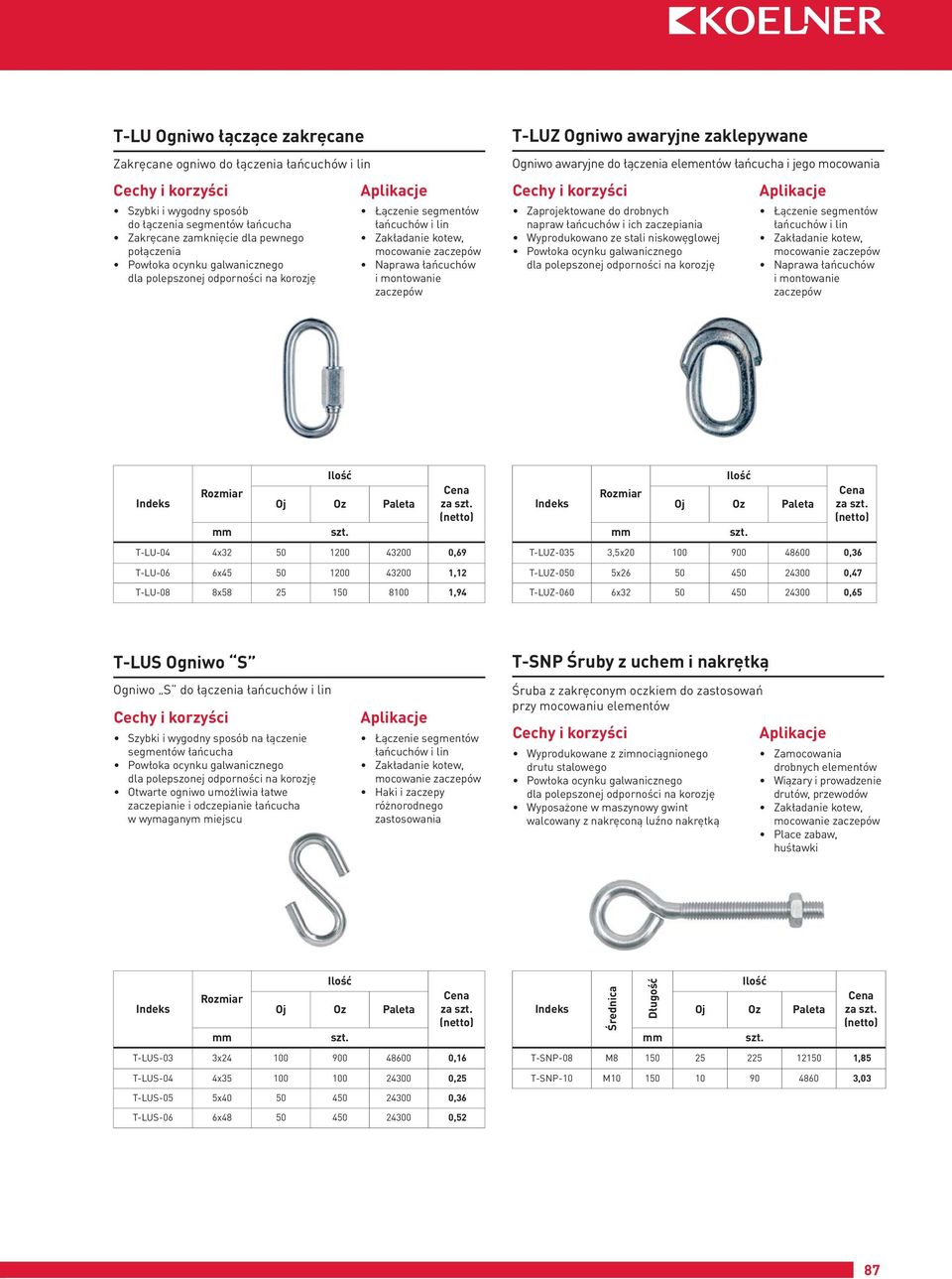 zaczepiania Łączenie segmentów łańcuchów i lin Naprawa łańcuchów i montowanie zaczepów za T-LU-04 4x32 50 1200 43200 0,69 T-LU-06 6x45 50 1200 43200 1,12 T-LU-08 8x58 25 150 8100 1,94 za T-LUZ-035