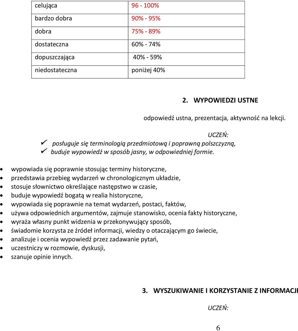 wypowiada się poprawnie stosując terminy historyczne, przedstawia przebieg wydarzeń w chronologicznym układzie, stosuje słownictwo określające następstwo w czasie, buduje wypowiedź bogatą w realia