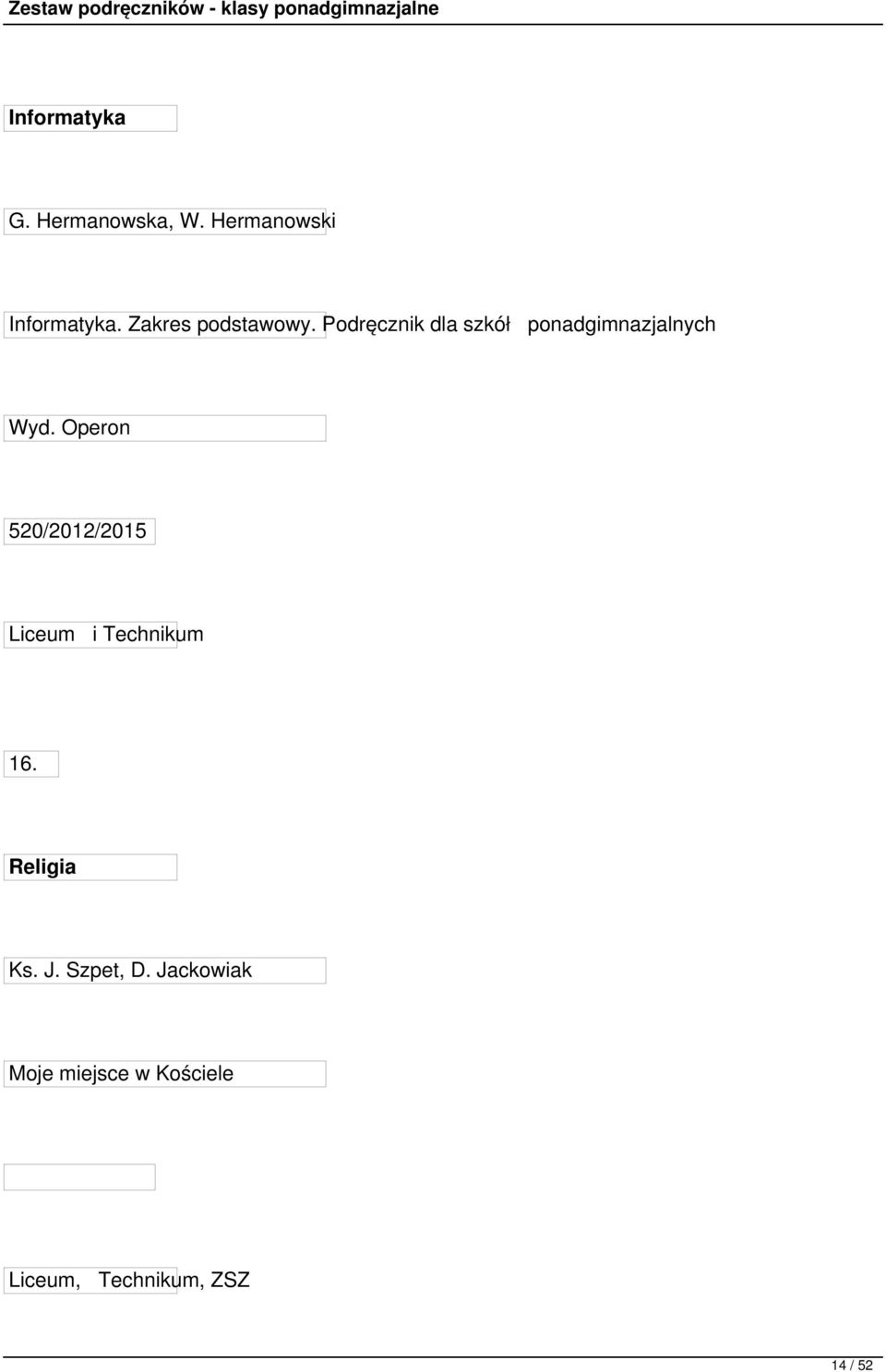 Operon 520/2012/2015 Liceum i Technikum 16. Religia Ks. J.