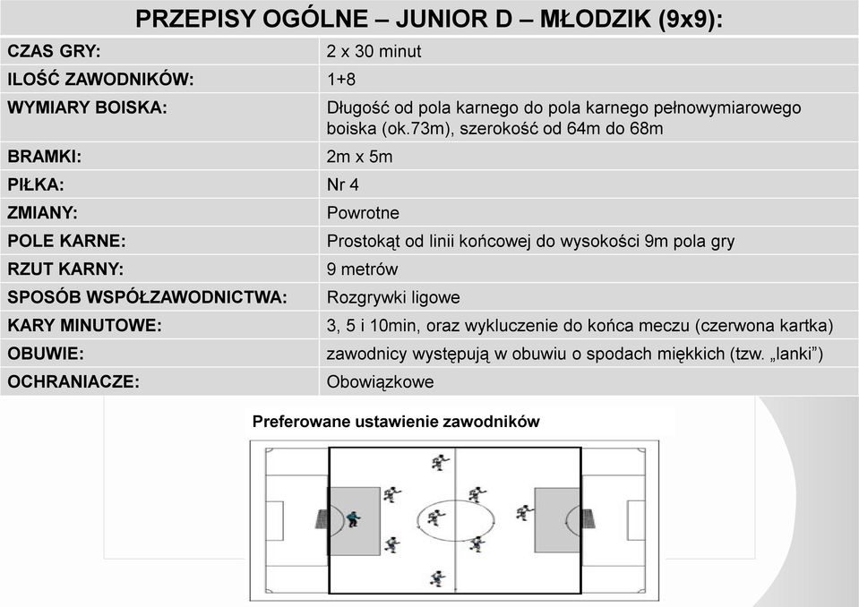 73m), szerokość od 64m do 68m 2m x 5m Powrotne Prostokąt od linii końcowej do wysokości 9m pola gry 9 metrów Rozgrywki ligowe 3, 5 i 10min, oraz