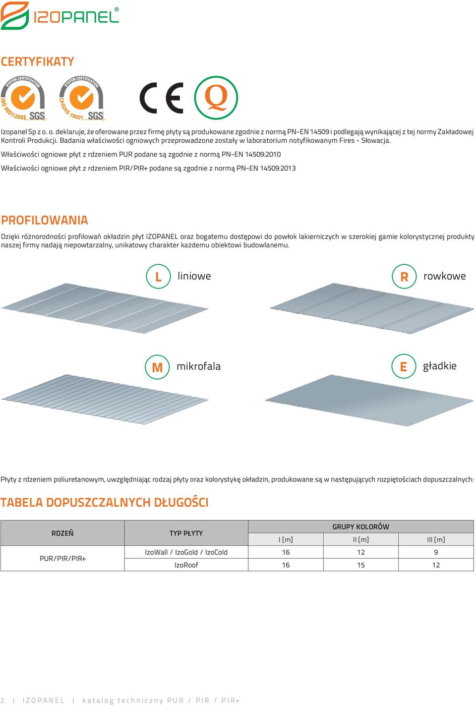 Właściwości ogniowe płyt z rdzeniem PUR podane są zgodnie z normą PNEN 14509:2010 Właściwości ogniowe płyt z rdzeniem PIR/PIR+ podane są zgodnie z normą PNEN 14509:2013 PROFILOWANIA Dzięki