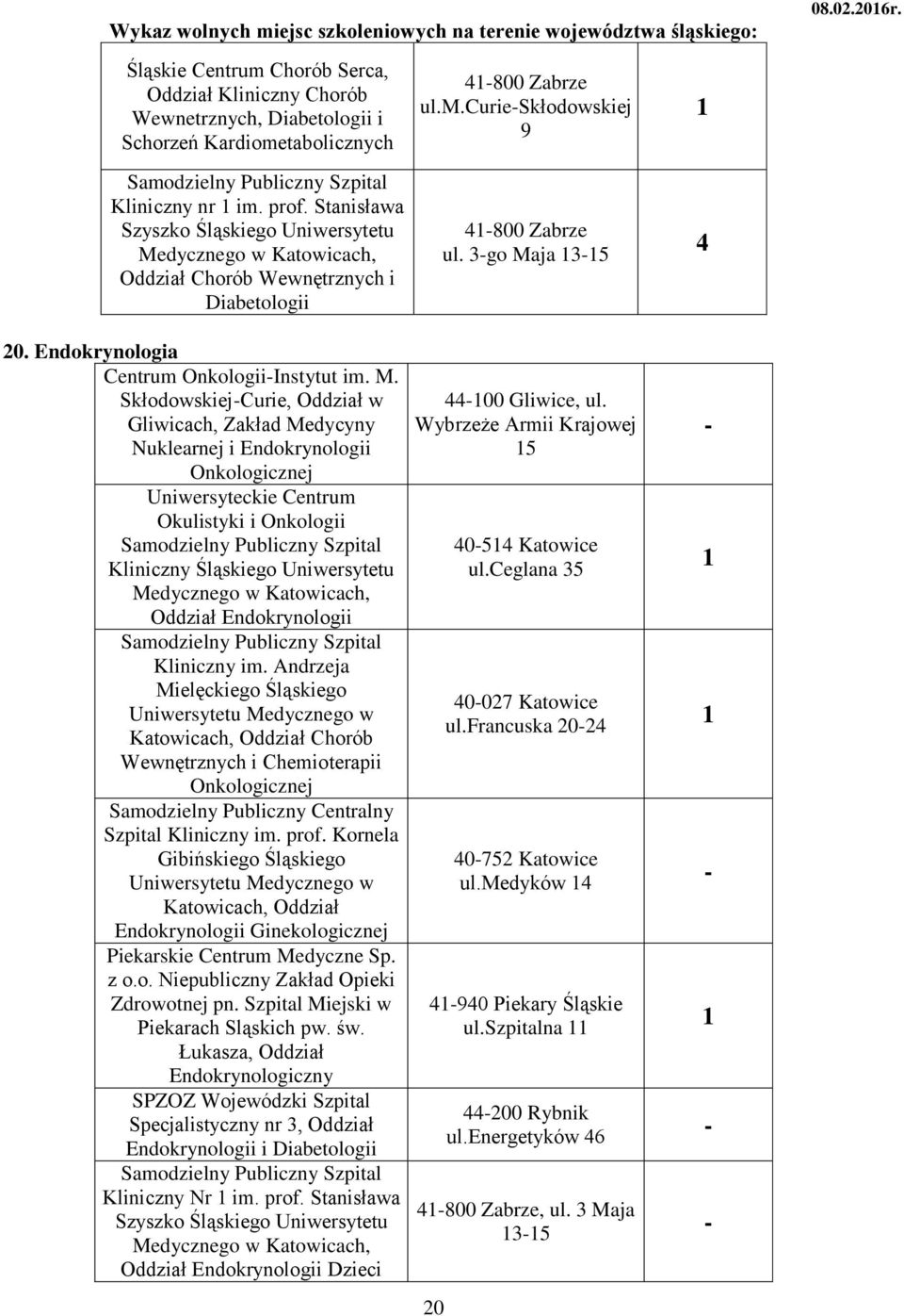 dycznego w Katowicach, Oddział Chorób Wewnętrznych i Diabetologii 0. Endokrynologia Centrum OnkologiiInstytut im. M.