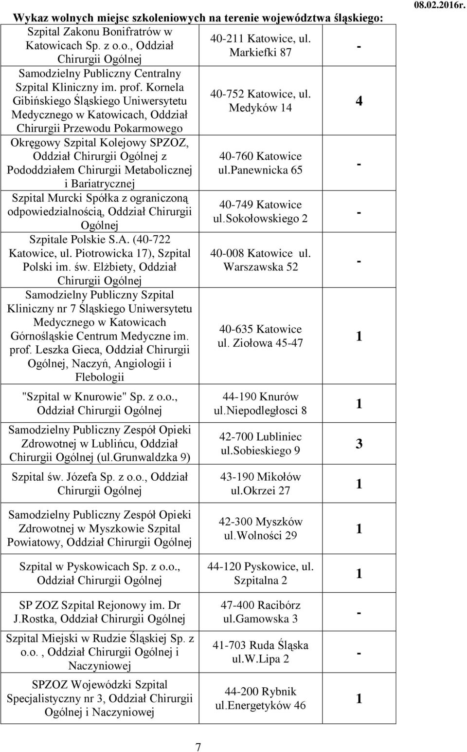 Metabolicznej i Bariatrycznej Szpital Murcki Spółka z ograniczoną odpowiedzialnością, Oddział Chirurgii Ogólnej Szpitale Polskie S.A. (07 Katowice, ul. Piotrowicka 7), Szpital Polski im. św.