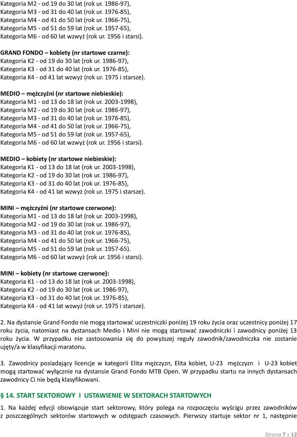 1976-85), Kategoria K4 - od 41 lat wzwyż (rok ur. 1975 i starsze). MEDIO mężczyźni (nr startowe niebieskie): Kategoria M1 - od 13 do 18 lat (rok ur.