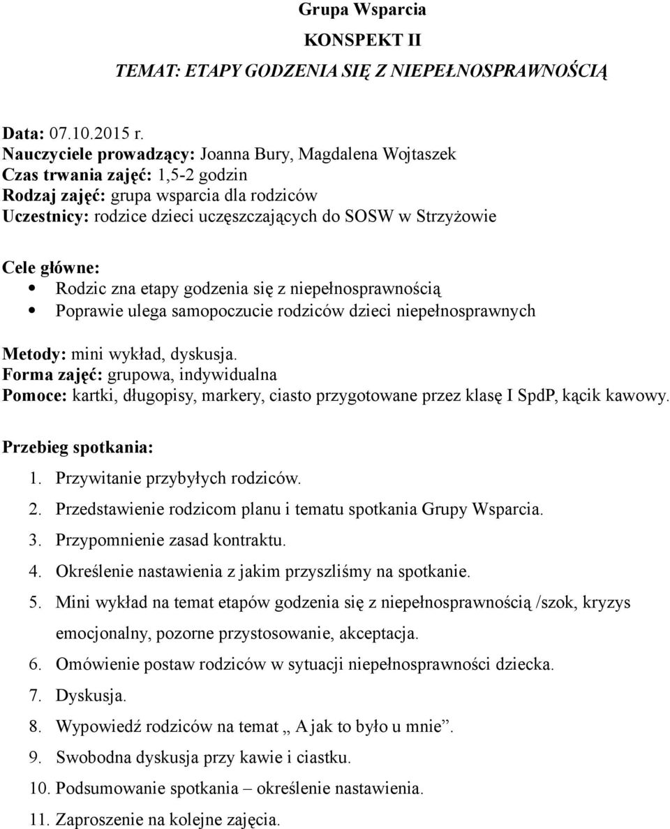 dyskusja. Pomoce: kartki, długopisy, markery, ciasto przygotowane przez klasę I SpdP, kącik kawowy. 2. Przedstawienie rodzicom planu i tematu spotkania Grupy Wsparcia. 3.