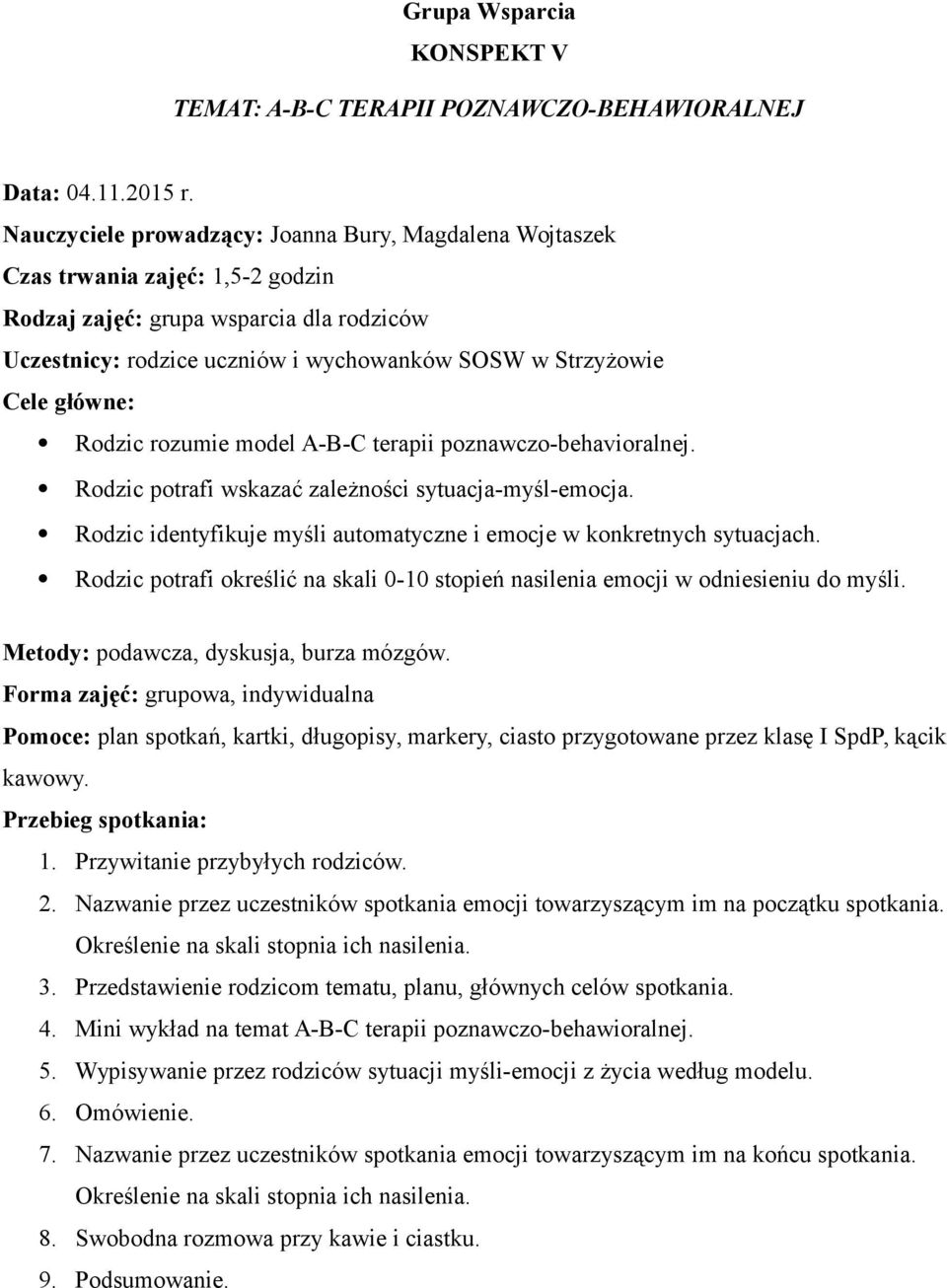 Rodzic potrafi określić na skali 0-10 stopień nasilenia emocji w odniesieniu do myśli. Metody: podawcza, dyskusja, burza mózgów.