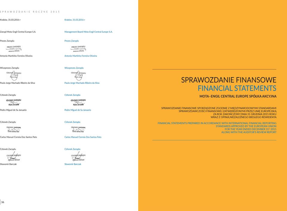 N I E R O C Z N E 2 0 1 5 Kraków, 31.03.2016 r Kraków, 31.03.2016 r Zarząd Mota-Engil Central Europe S.A.