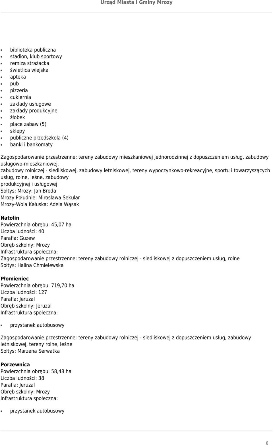 wypoczynkowo-rekreacyjne, sportu i towarzyszących usług, rolne, leśne, zabudowy produkcyjnej i usługowej Sołtys: Mrozy: Jan Broda Mrozy Południe: Mirosława Sekular Mrozy-Wola Kałuska: Adela Wąsak