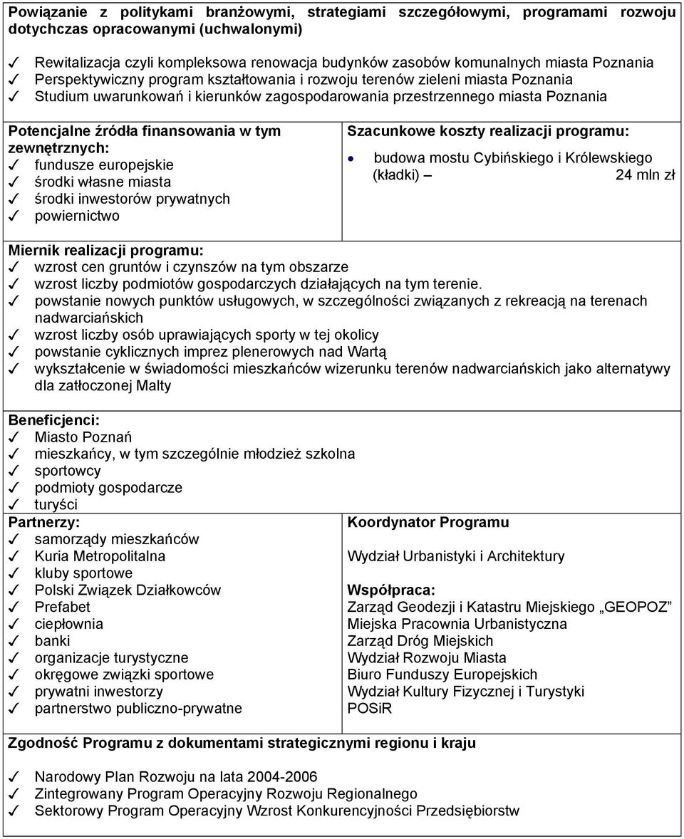 finansowania w tym zewnętrznych: fundusze europejskie środki własne miasta środki inwestorów prywatnych powiernictwo Szacunkowe koszty realizacji programu: budowa mostu Cybińskiego i Królewskiego