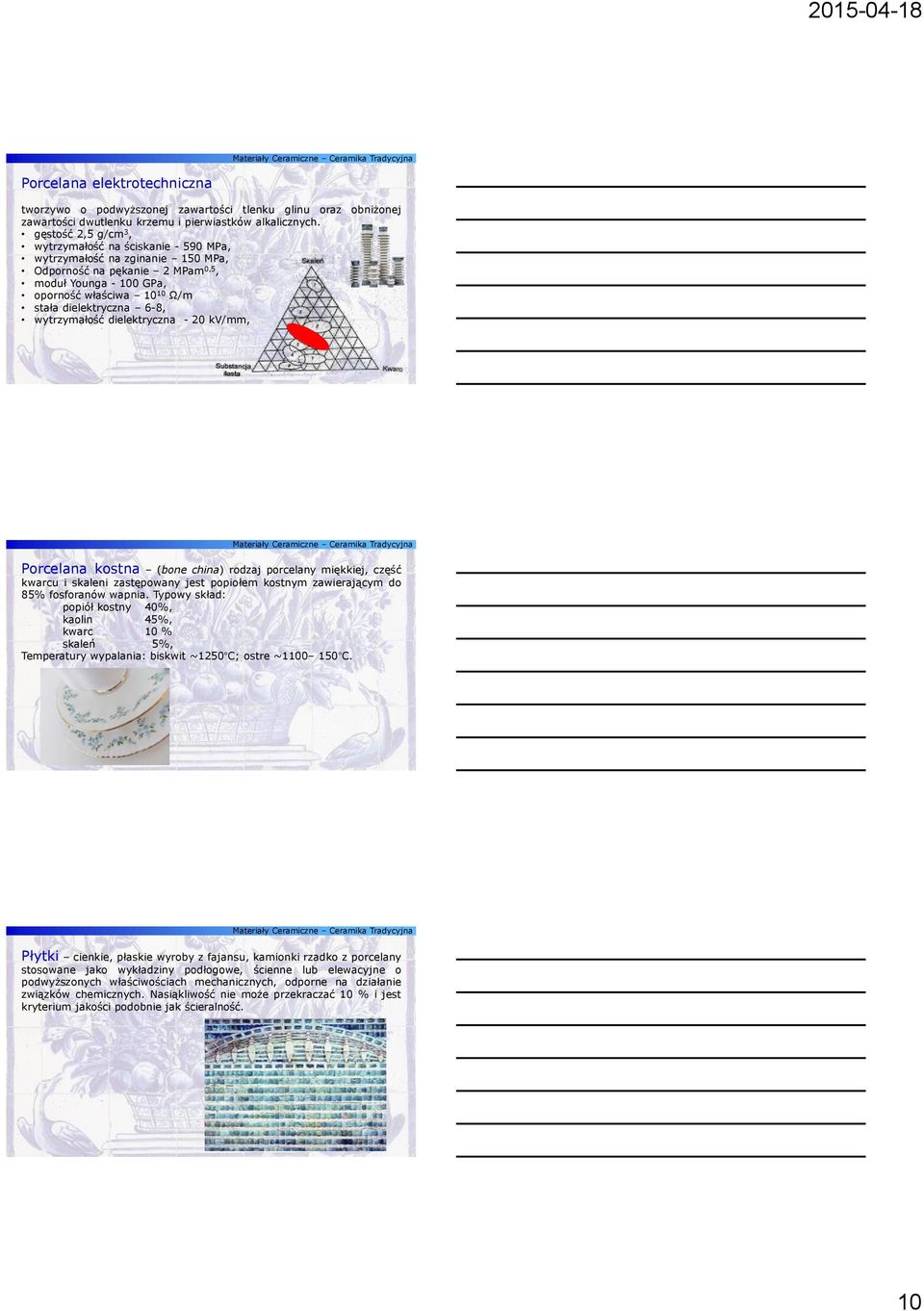 6-8, wytrzymałość dielektryczna - 20 kv/mm, Porcelana kostna (bone china) rodzaj porcelany miękkiej, część kwarcu i skaleni zastępowany jest popiołem kostnym zawierającym do 85% fosforanów wapnia.