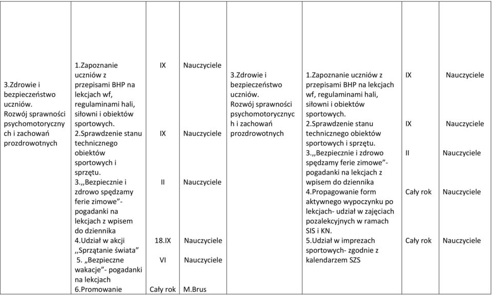 ,,Bezpiecznie i zdrowo spędzamy ferie zimowe - pogadanki na lekcjach z wpisem do dziennika 4.Udział w akcji,,sprzątanie świata 5. Bezpieczne wakacje - pogadanki na lekcjach 6.Promowanie II 18. VI M.