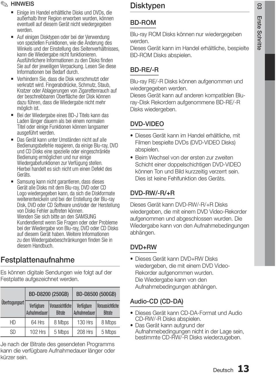 Ausführlichere Informationen zu den Disks finden Sie auf der jeweiligen Verpackung. Lesen Sie diese Informationen bei Bedarf durch. Verhindern Sie, dass die Disk verschmutzt oder verkratzt wird.