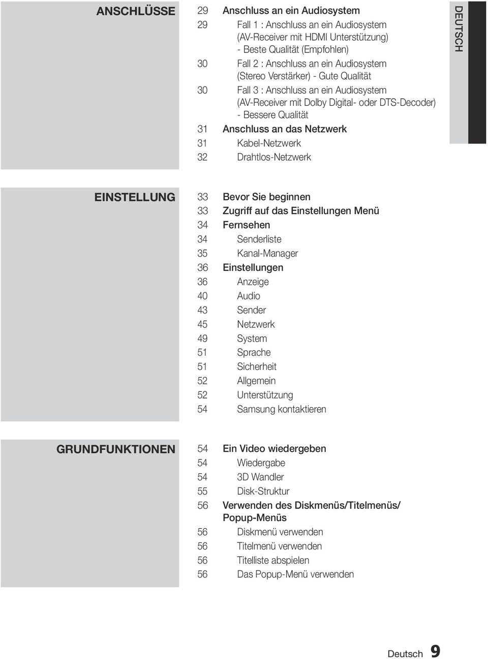 Drahtlos-Netzwerk DEUTSCH Einstellung 33 Bevor Sie beginnen 33 Zugriff auf das Einstellungen Menü 34 Fernsehen 34 Senderliste 35 Kanal-Manager 36 Einstellungen 36 Anzeige 40 Audio 43 Sender 45