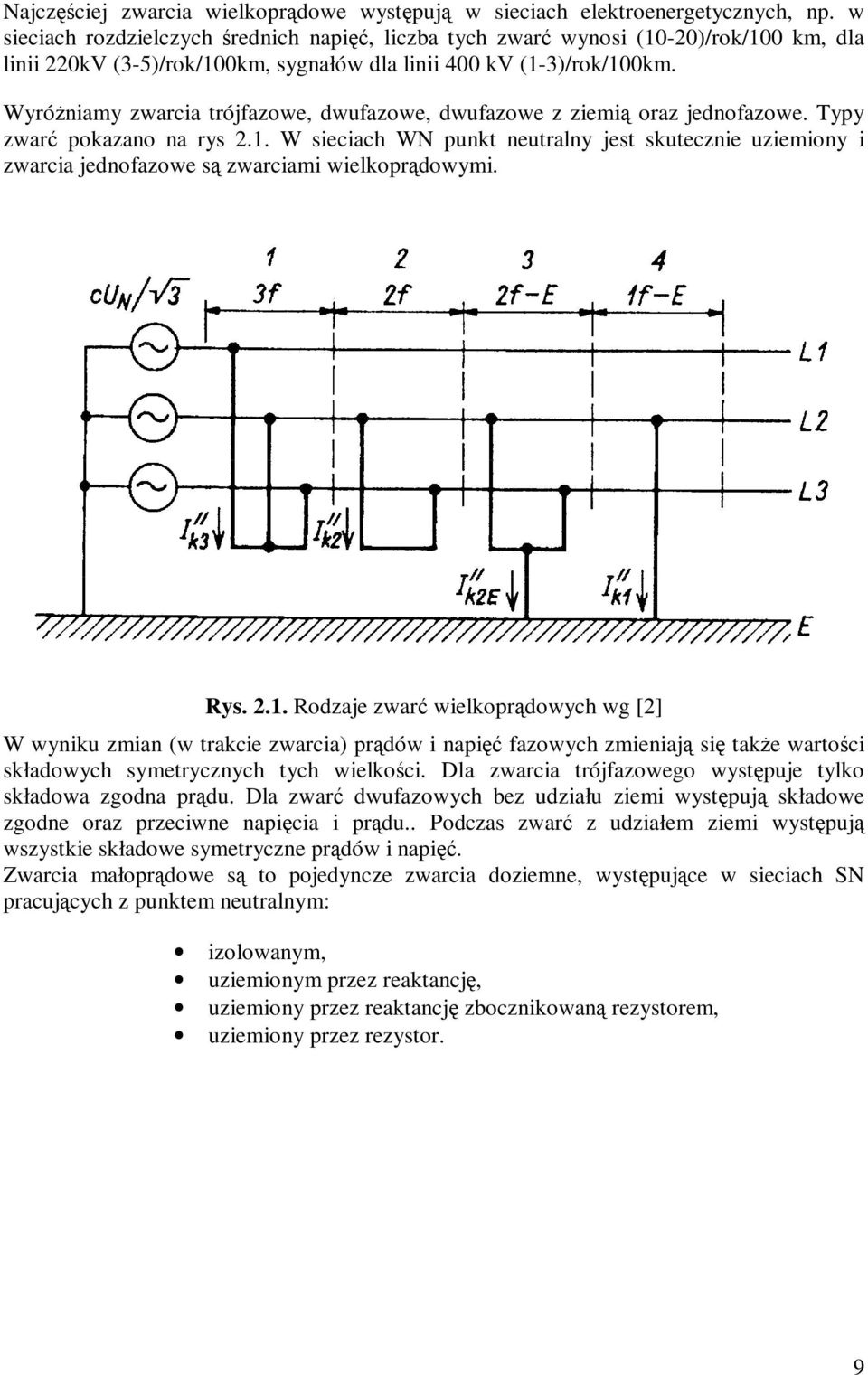 WyróŜniamy zwarcia trójfazowe, dwufazowe, dwufazowe z ziemią oraz jednofazowe. Typy zwarć pokazano na rys 2.1.