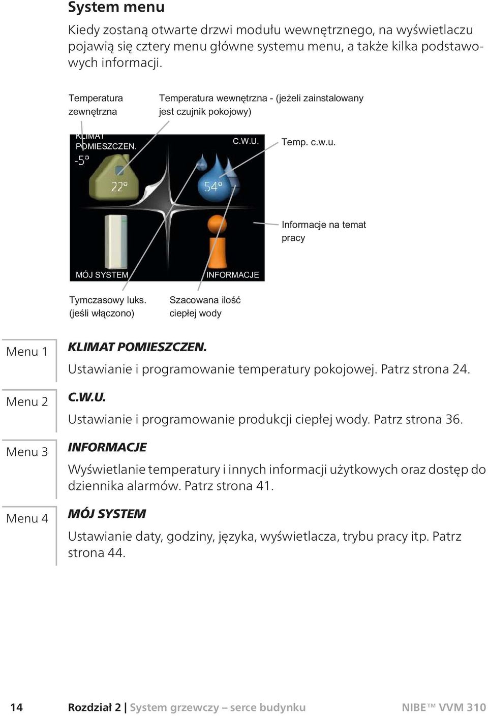 Patrz strona 36. INFORMACJE Wyświetlanie temperatury i innych informacji użytkowych oraz dostęp do dziennika alarmów. Patrz strona 41.