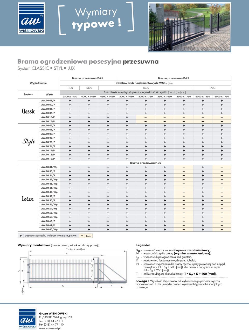 400 [mm] N ~+175[mm] K - szerokość między słupami (wymiar zamówieniowy), - wysokość skrzydła bramy (wymiar zamówieniowy), Lx - wysokość słupa ogrodzenia nad gruntem, K - rozstaw śrub fundamentowych