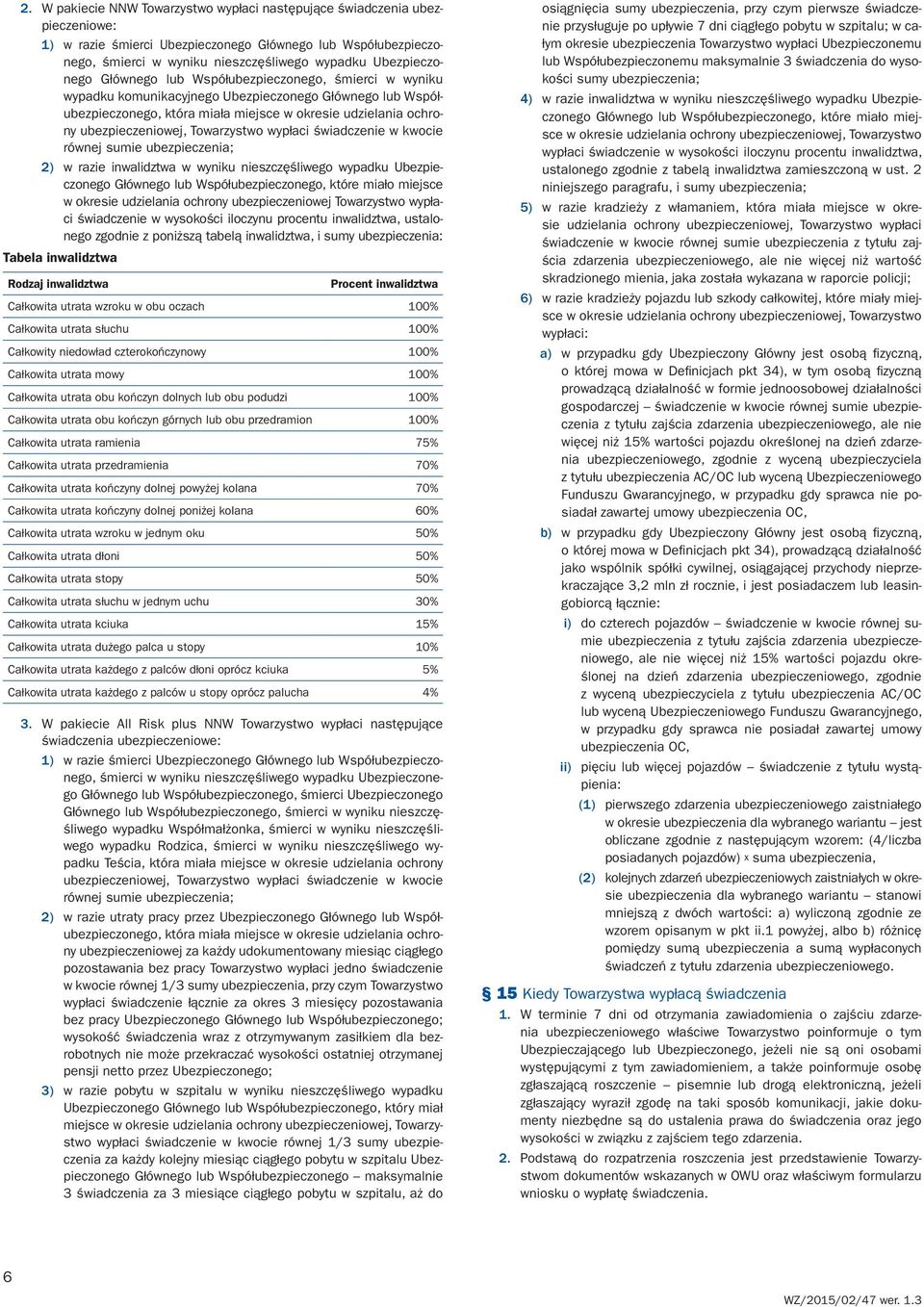 ubezpieczeniowej, Towarzystwo wypłaci świadczenie w kwocie równej sumie ubezpieczenia; 2) w razie inwalidztwa w wyniku nieszczęśliwego wypadku Ubezpieczonego Głównego lub Współubezpieczonego, które