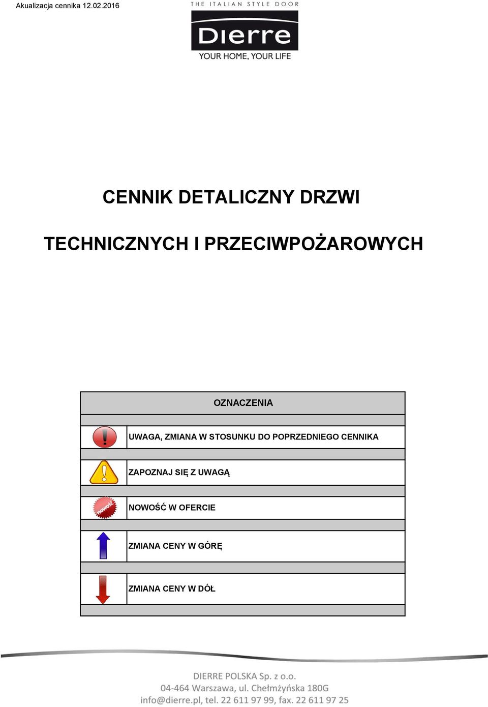 PRZECIWPOŻAROWYCH OZNACZENIA UWAGA, ZMIANA W STOSUNKU