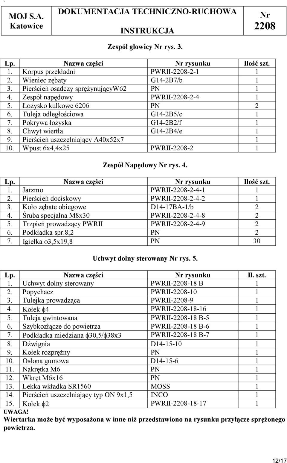 Wpust 6x4,4x25 PWRII--2 1 Zespół Napędowy rys. 4. Lp. Nazwa części rysunku Ilość szt. 1. Jarzmo PWRII--2-4-1 1 2. Pierścień dociskowy PWRII--2-4-2 1 3. Koło zębate obiegowe D14-17BA-1/b 2 4.