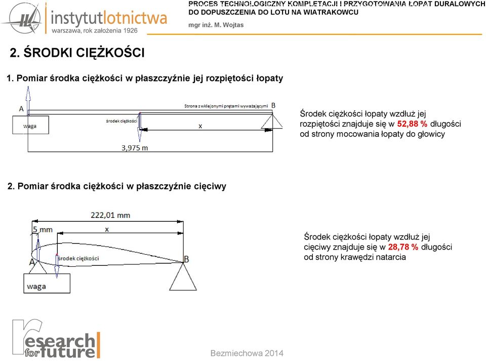 Pomiar środka ciężkości w płaszczyźnie jej rozpiętości łopaty Środek ciężkości łopaty wzdłuż jej rozpiętości znajduje się w 52,88 %