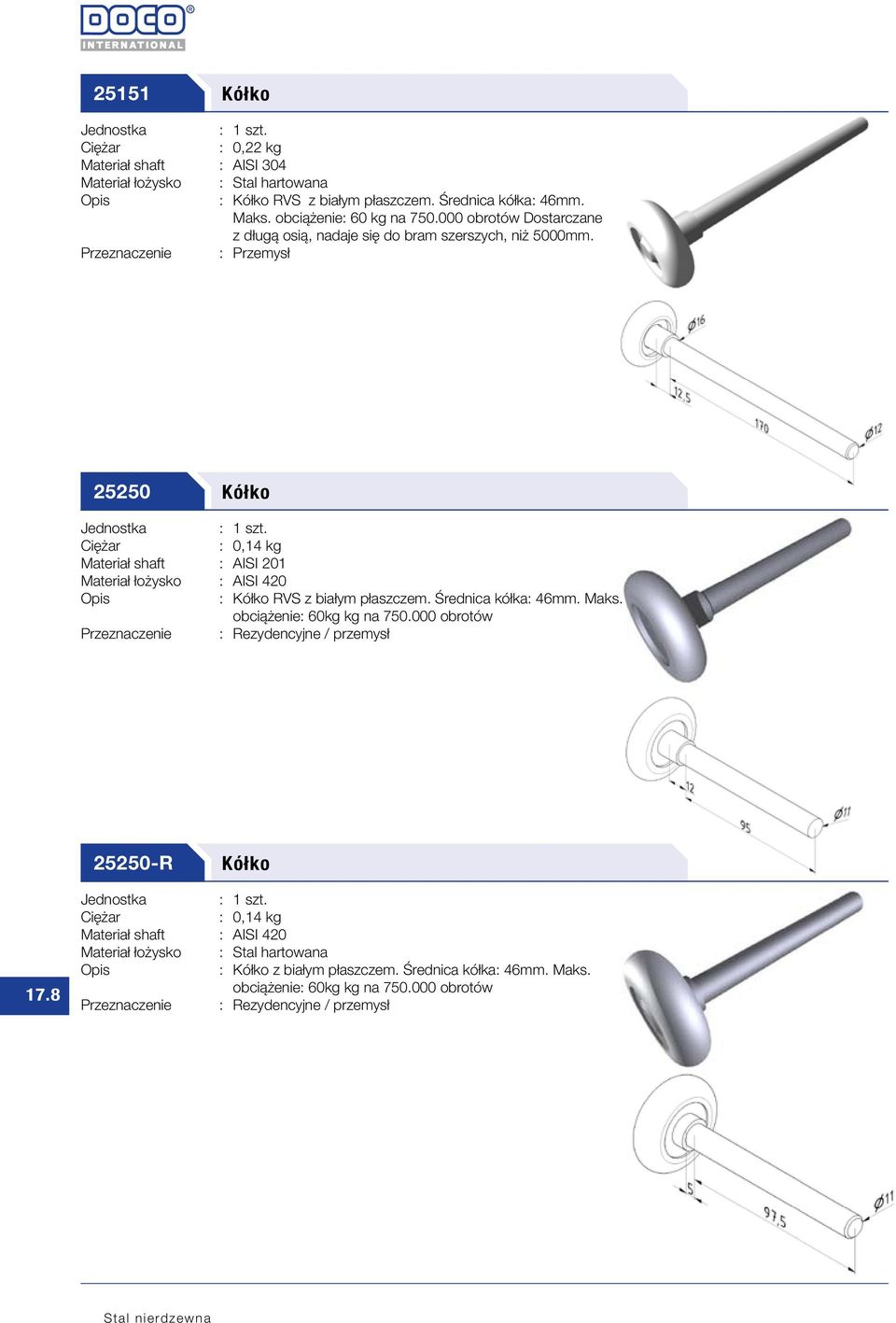 Przeznaczenie : Przemysł 25250 Kółko : 0,14 kg Materiał shaft : AISI 201 Materiał łożysko : AISI 420 : Kółko RVS z białym płaszczem. Średnica kółka: 46mm.