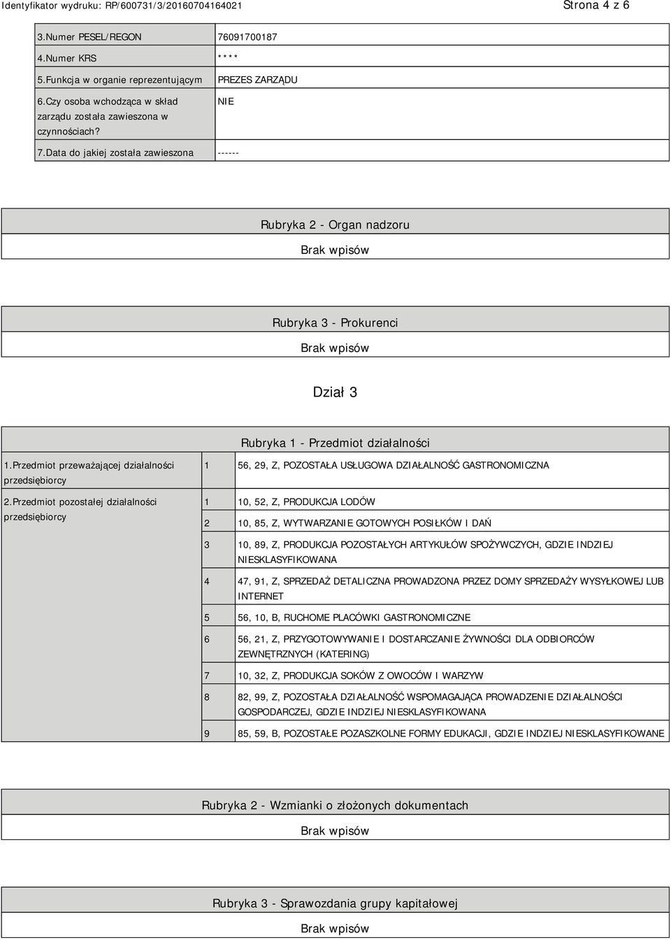 Przedmiot pozostałej działalności przedsiębiorcy 1 56, 29, Z, POZOSTAŁA USŁUGOWA DZIAŁALNOŚĆ GASTRONOMICZNA 1 10, 52, Z, PRODUKCJA LODÓW 2 10, 85, Z, WYTWARZA GOTOWYCH POSIŁKÓW I DAŃ 3 10, 89, Z,