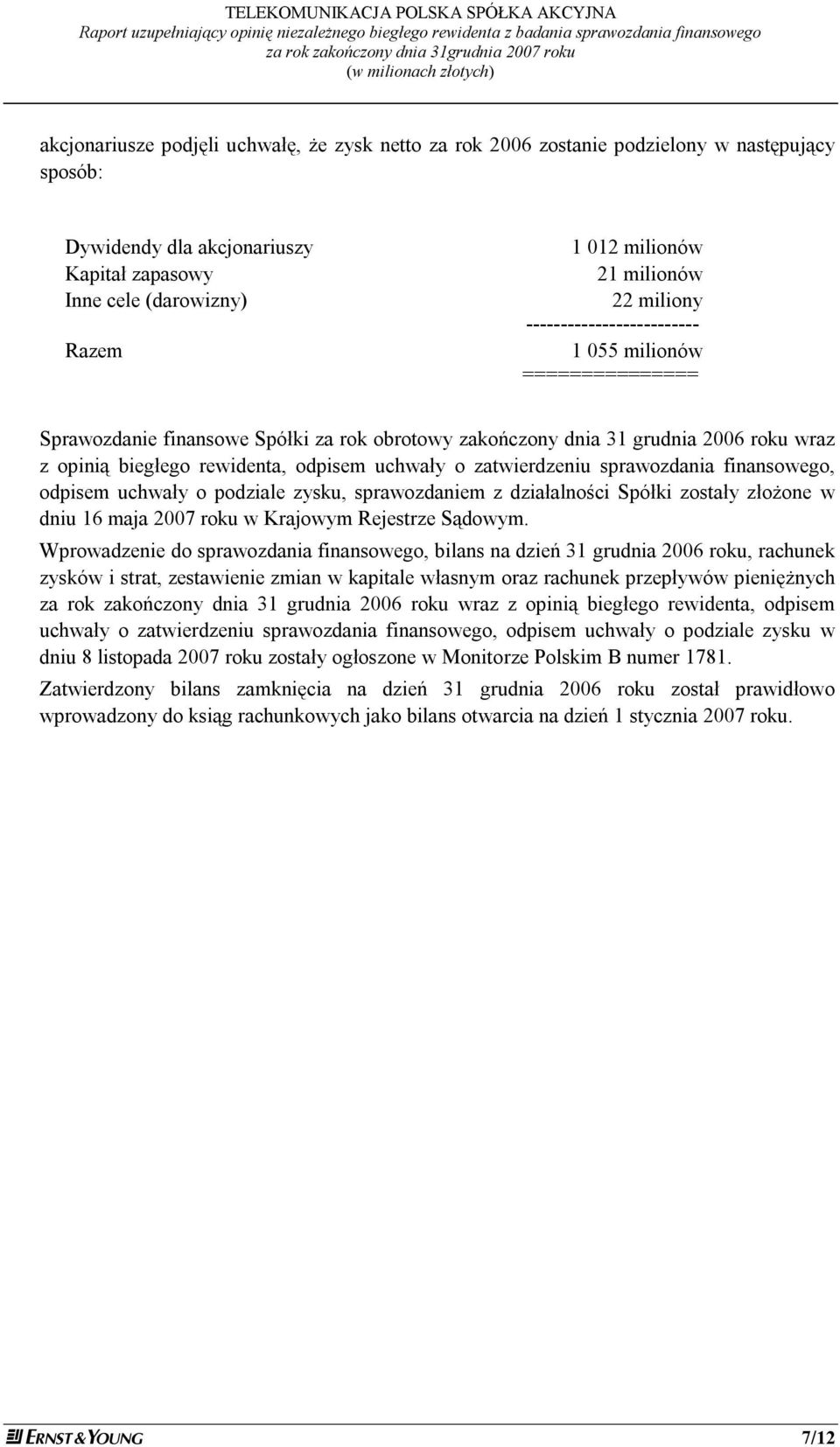 22 miliony ------------------------- 1 055 milionów =============== Sprawozdanie finansowe Spółki za rok obrotowy zakończony dnia 31 grudnia 2006 roku wraz z opinią biegłego rewidenta, odpisem