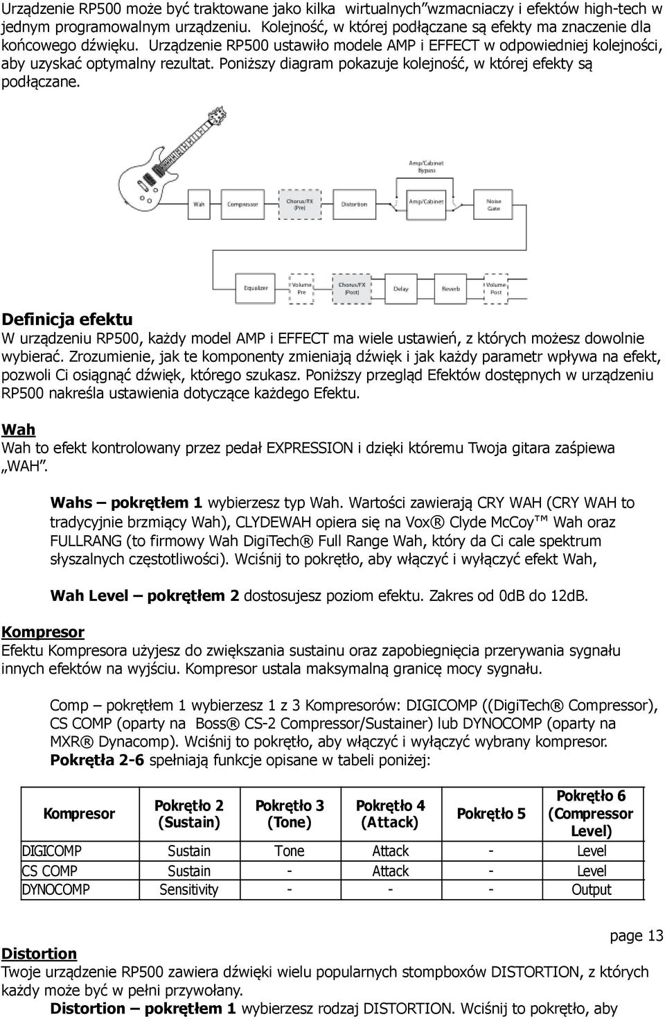 Poniższy diagram pokazuje kolejność, w której efekty są podłączane. Definicja efektu W urządzeniu RP500, każdy model AMP i EFFECT ma wiele ustawień, z których możesz dowolnie wybierać.