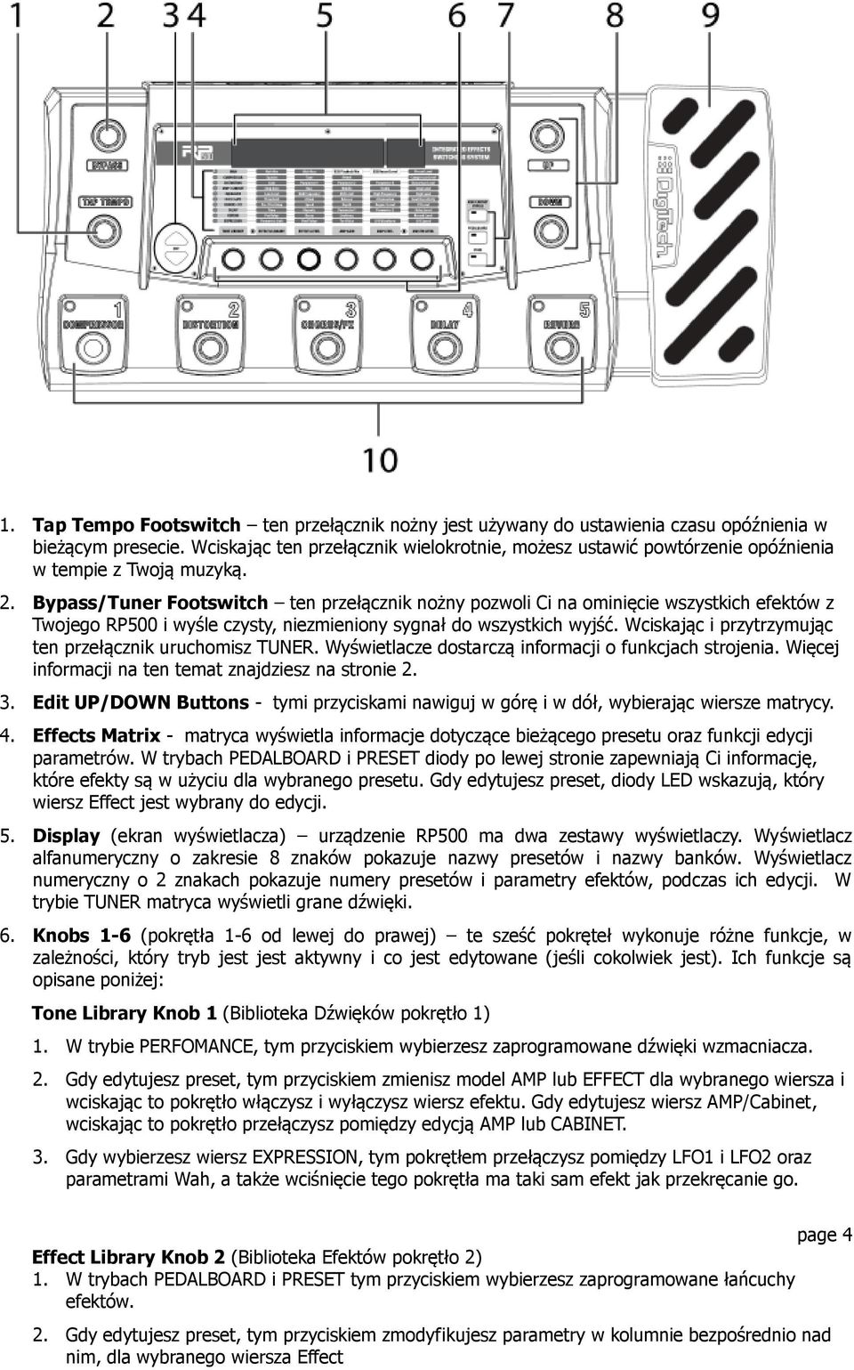 Bypass/Tuner Footswitch ten przełącznik nożny pozwoli Ci na ominięcie wszystkich efektów z Twojego RP500 i wyśle czysty, niezmieniony sygnał do wszystkich wyjść.