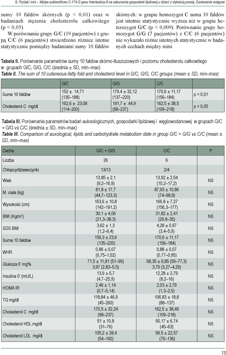 W porównaniu grupy G/C (19 pacjentów) z grupą C/C (6 pacjentów) stwierdzono różnice istotne statystycznie pomiędzy badaniami sumy 10 fałdów skórnych: w grupie homozygot C suma 10 fałdów jest istotnie