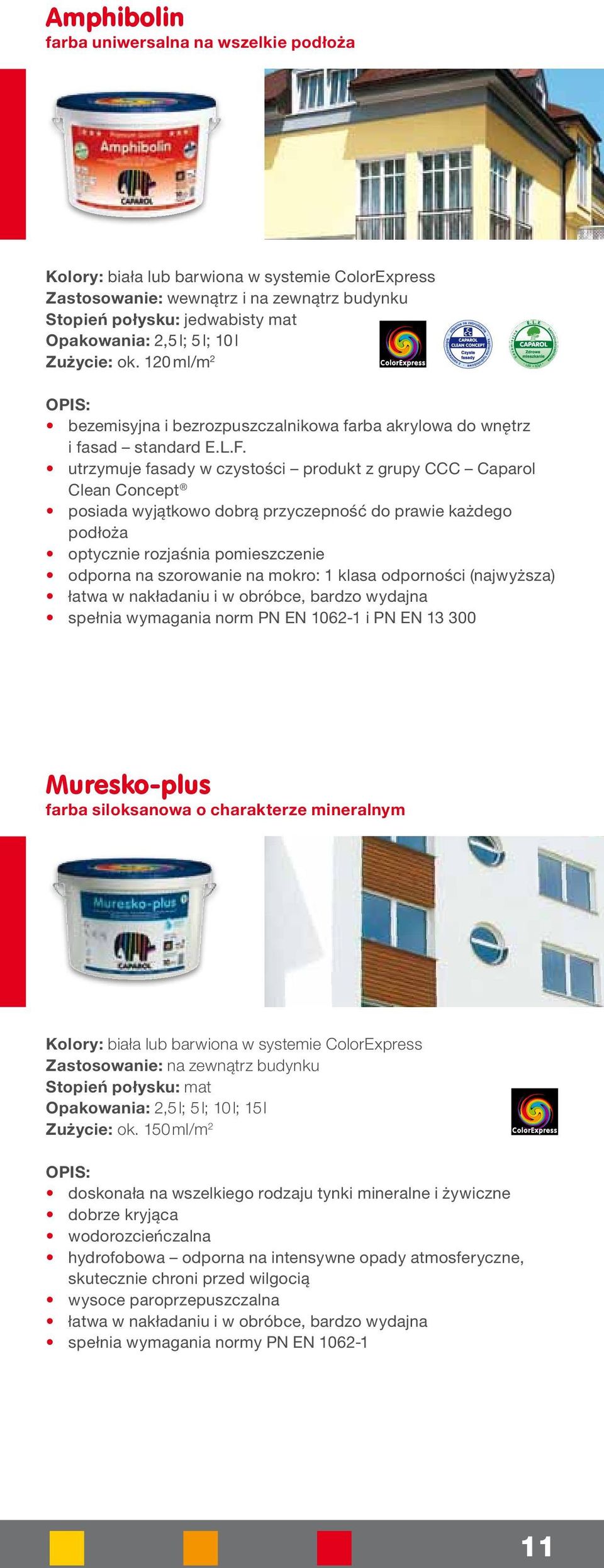 utrzymuje fasady w czystości produkt z grupy CCC Caparol Clean Concept posiada wyjątkowo dobrą przyczepność do prawie każdego podłoża optycznie rozjaśnia pomieszczenie odporna na szorowanie na mokro: