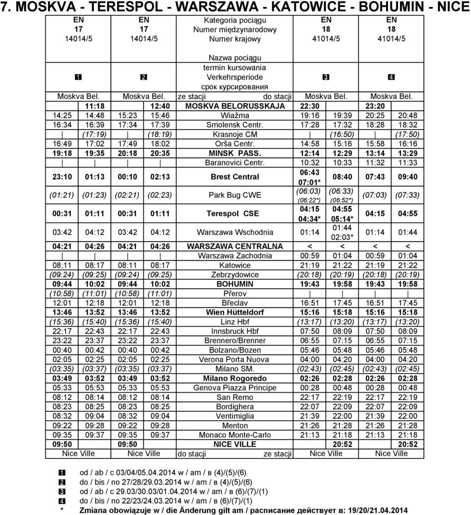 17:28 17:32 18:28 18:32 (17:19) (18:19) Krasnoje CM (16:50) (17:50) 16:49 17:02 17:49 18:02 Orša Centr. 14:58 15:16 15:58 16:16 19:18 19:35 20:18 20:35 MINSK PASS.