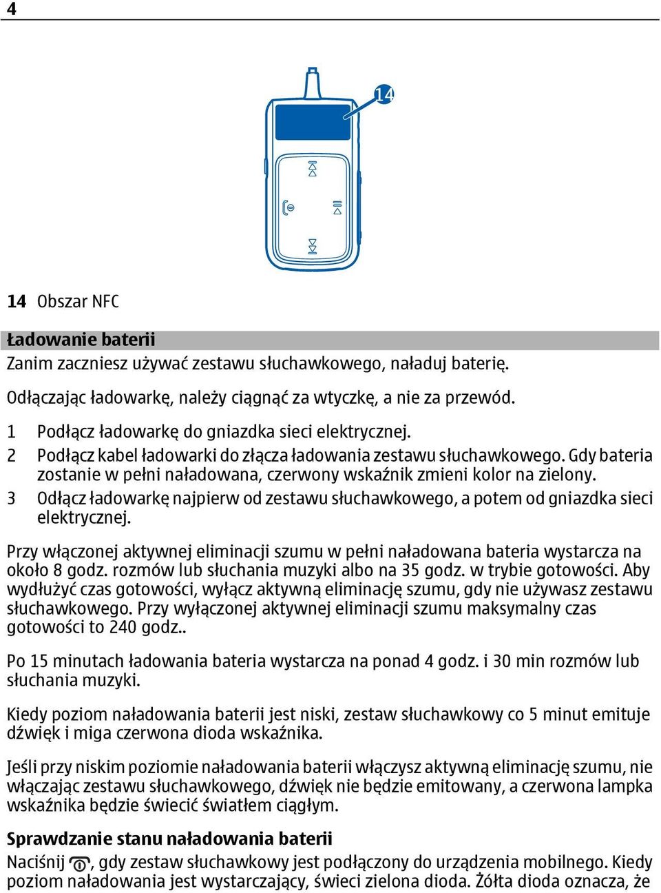 Gdy bateria zostanie w pełni naładowana, czerwony wskaźnik zmieni kolor na zielony. 3 Odłącz ładowarkę najpierw od zestawu słuchawkowego, a potem od gniazdka sieci elektrycznej.