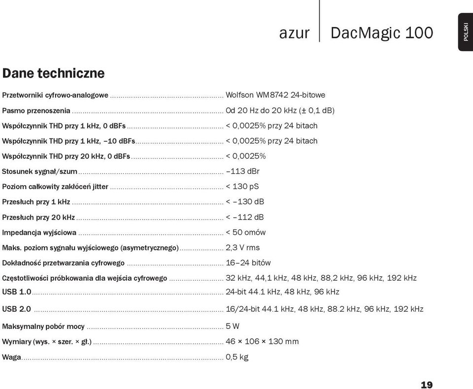 .. 113 dbr Poziom całkowity zakłóceń jitter... < 130 ps Przesłuch przy 1 khz... < 130 db Przesłuch przy 20 khz... < 112 db Impedancja wyjściowa... < 50 omów Maks.