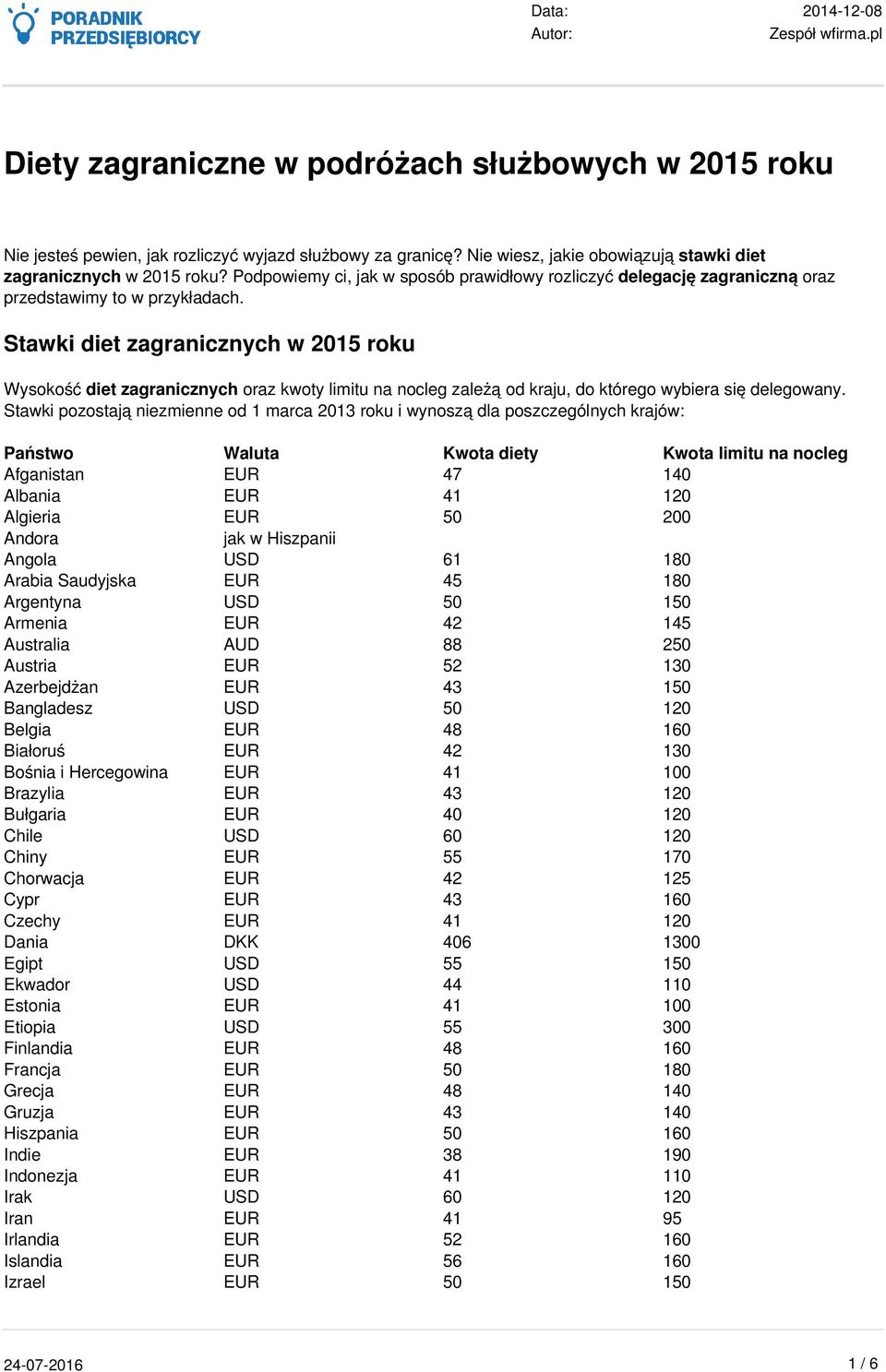 Stawki diet zagranicznych w 2015 roku Wysokość diet zagranicznych oraz kwoty limitu na nocleg zależą od kraju, do którego wybiera się delegowany.