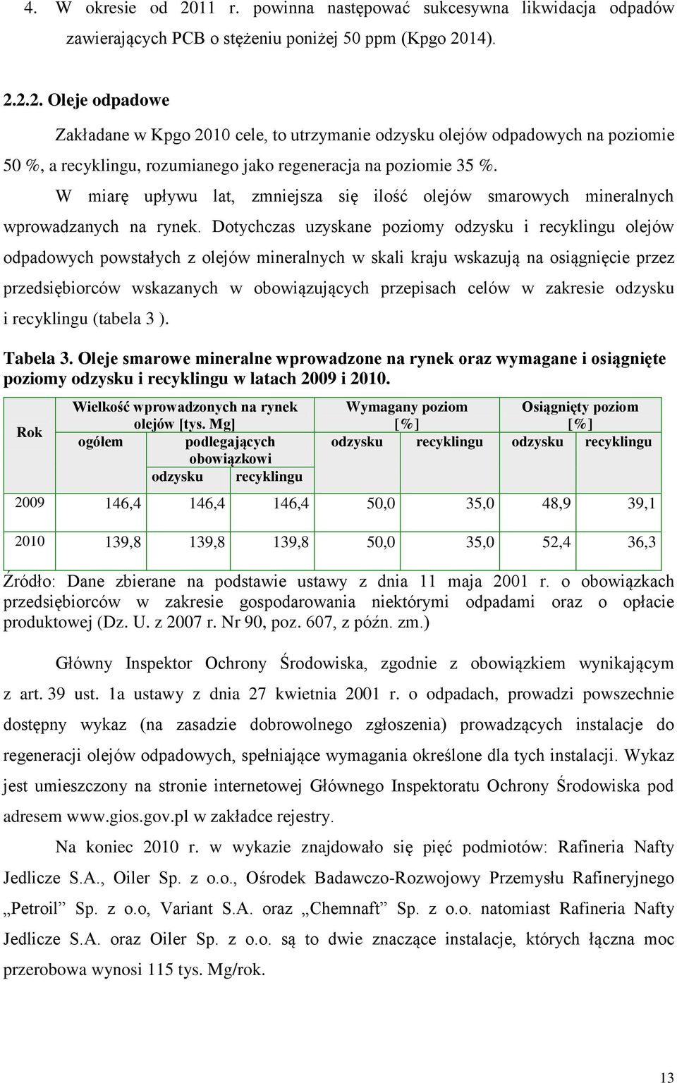 Dotychczas uzyskane poziomy odzysku i recyklingu olejów odpadowych powstałych z olejów mineralnych w skali kraju wskazują na osiągnięcie przez przedsiębiorców wskazanych w obowiązujących przepisach