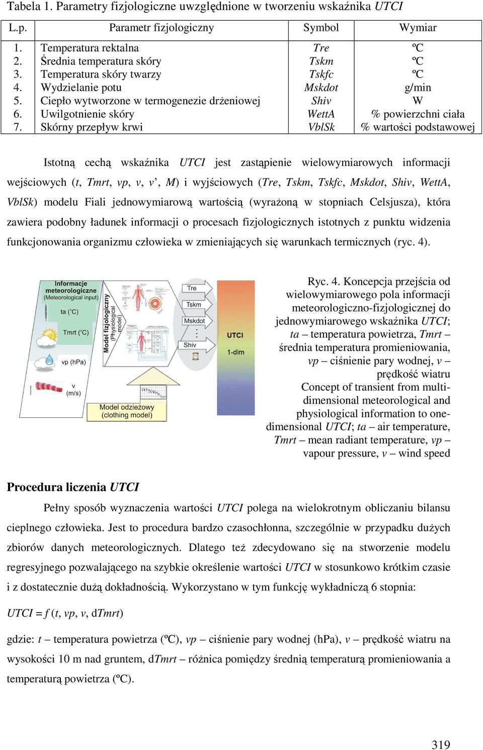 Shiv WettA VblSk ºC ºC ºC g/min W % powierzchni ciała % wartości podstawowej Istotną cechą wskaźnika UTCI jest zastąpienie wielowymiarowych informacji wejściowych (t, Tmrt, vp, v, v, M) i wyjściowych